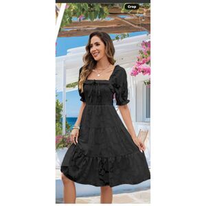 Women's Square Neck Midi Dress, back Xl Smocked Bodice Puff Sleeves Tiered Ruffl